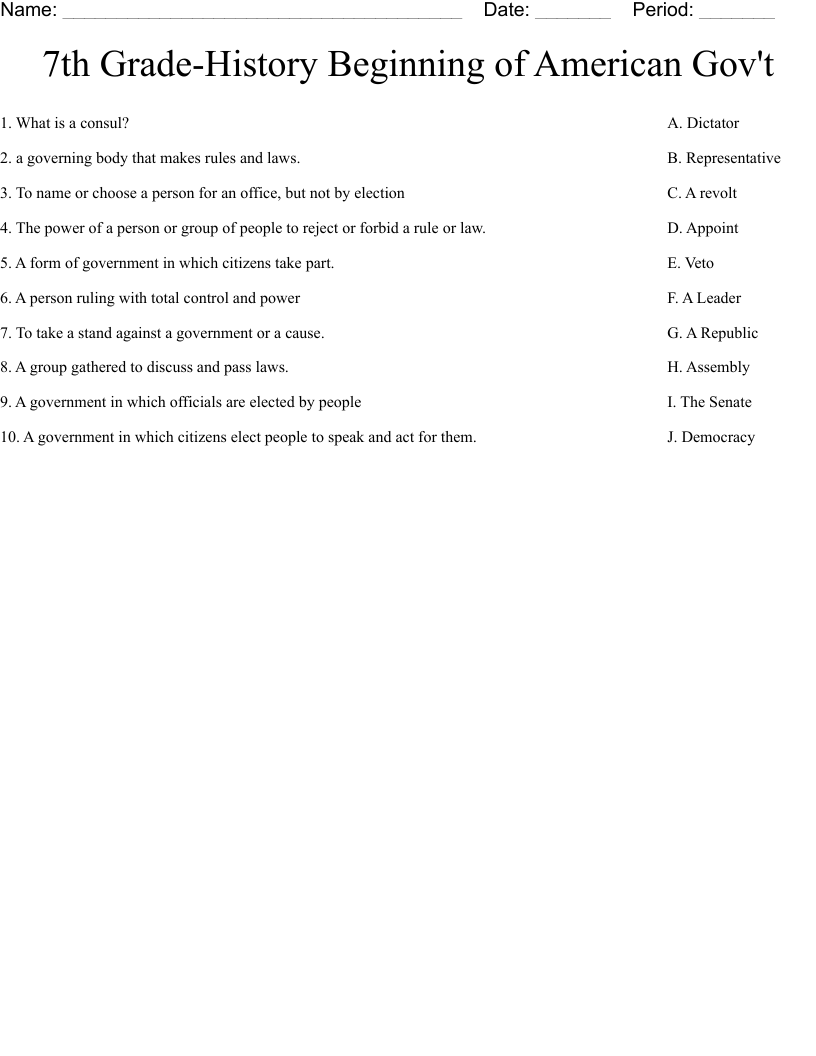 7th Grade-History Beginning of American Gov't Worksheet