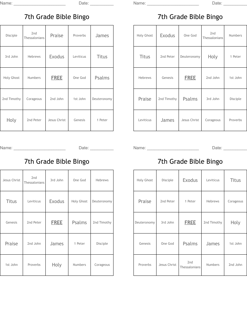 7th Grade Bible Bingo