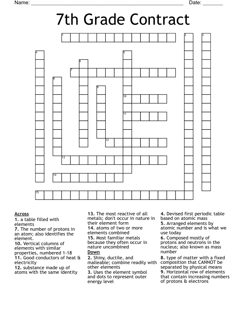 7th Grade Contract Crossword