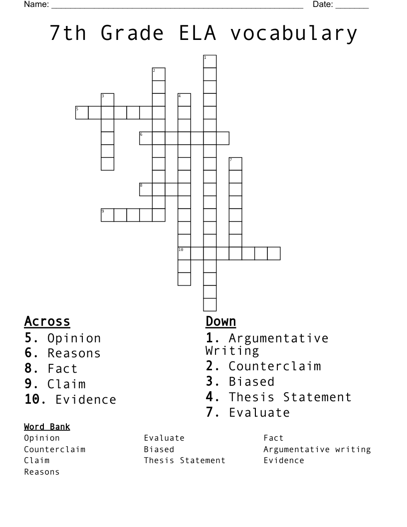 7th Grade ELA vocabulary  Crossword