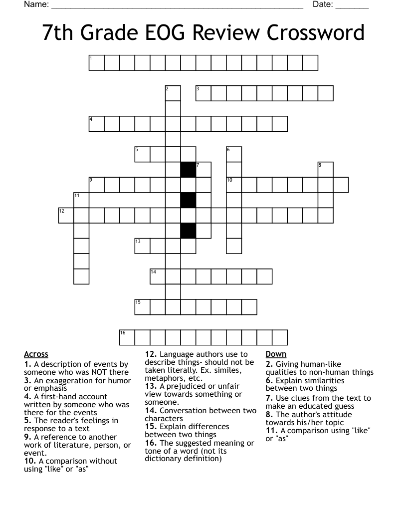 7th Grade EOG Review Crossword