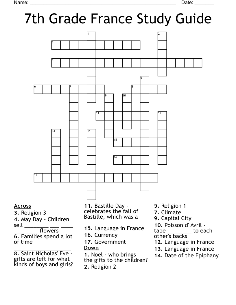7th Grade France Study Guide Crossword