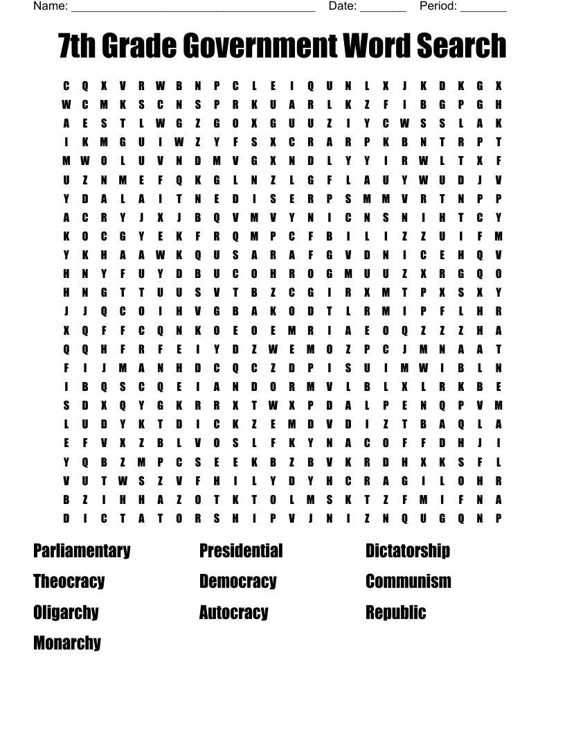 7th Grade Government Word Search