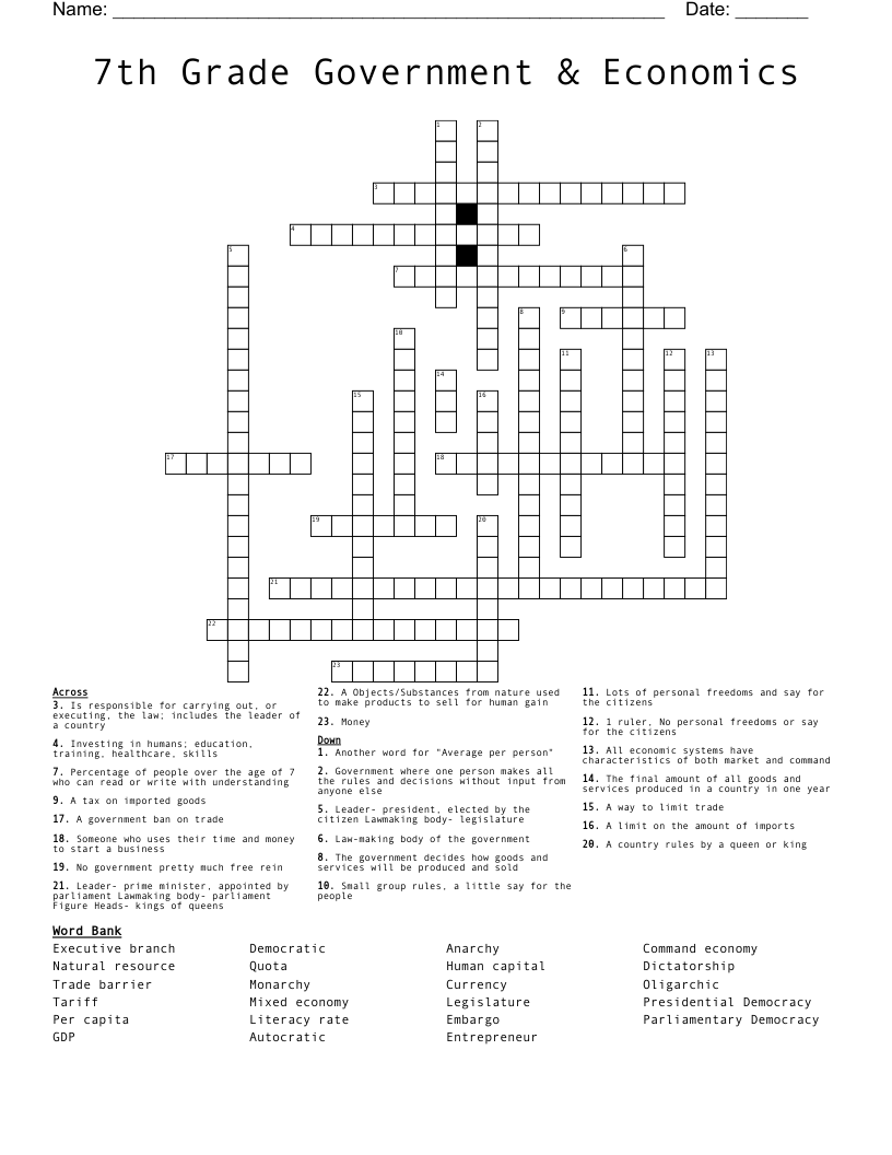 7th Grade Government & Economics Crossword