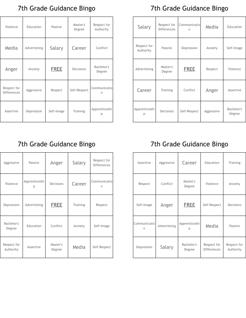 7th Grade Guidance Bingo