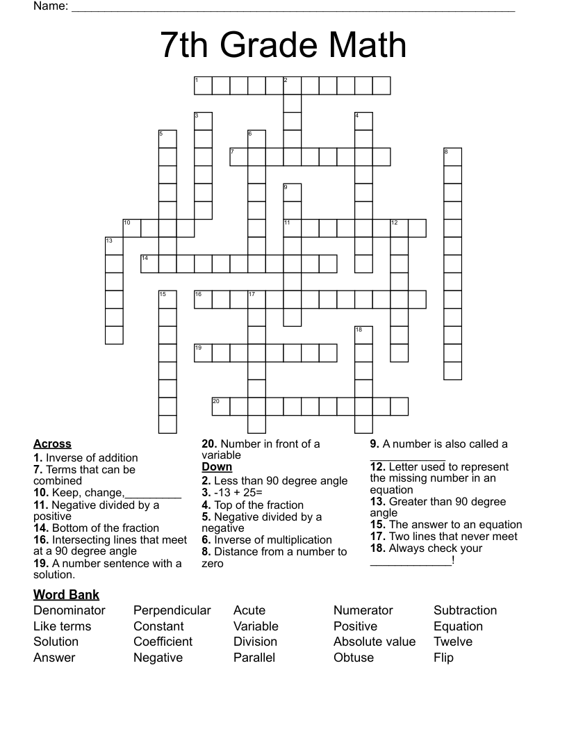 7th Grade Math Crossword