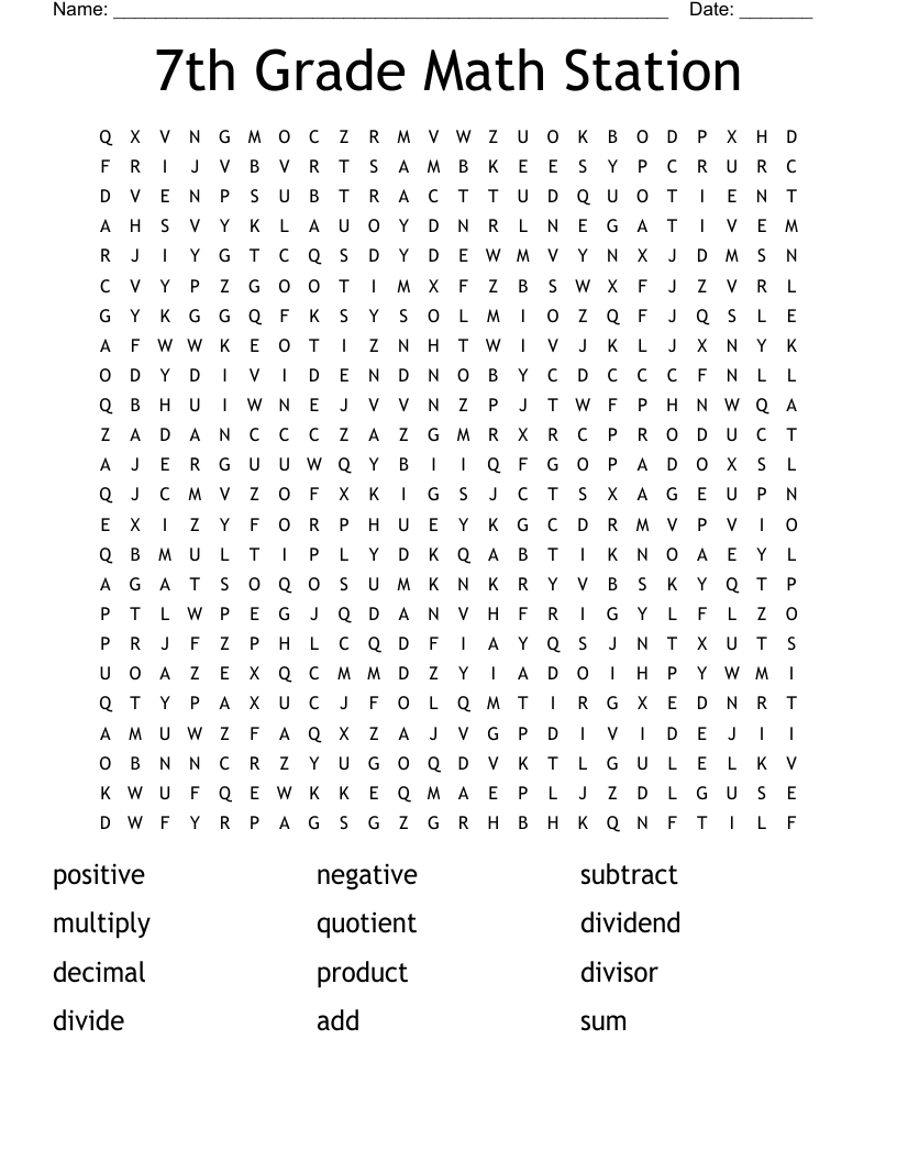 7th Grade Math Station Word Search