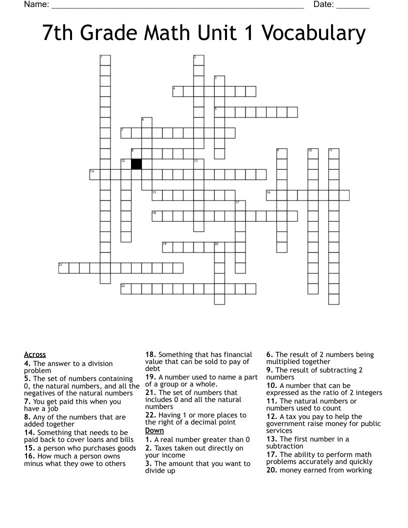 7th Grade Math Unit 1 Vocabulary Crossword