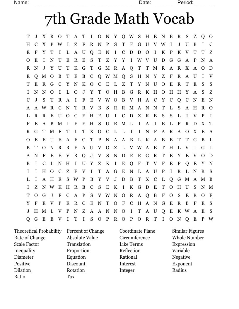 7th Grade Math Vocab Word Search