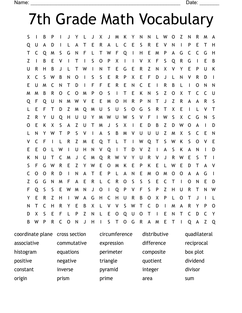 7th Grade Math Vocabulary Word Search