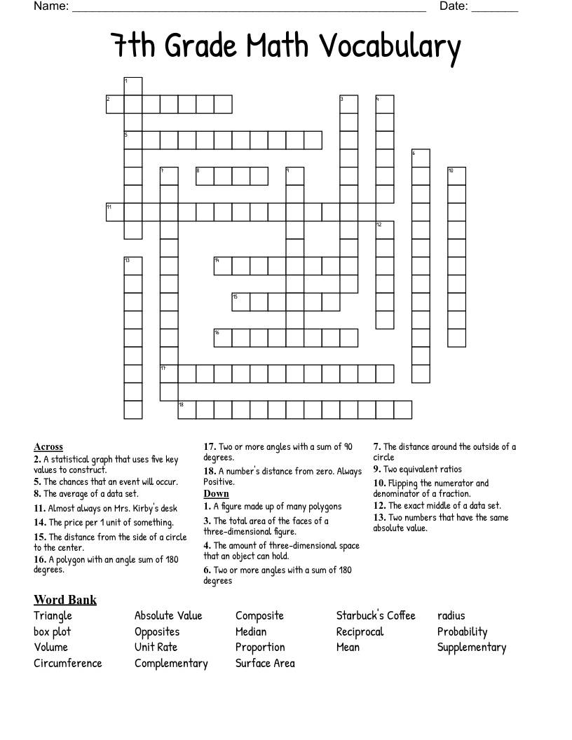 7th Grade Math Vocabulary Crossword