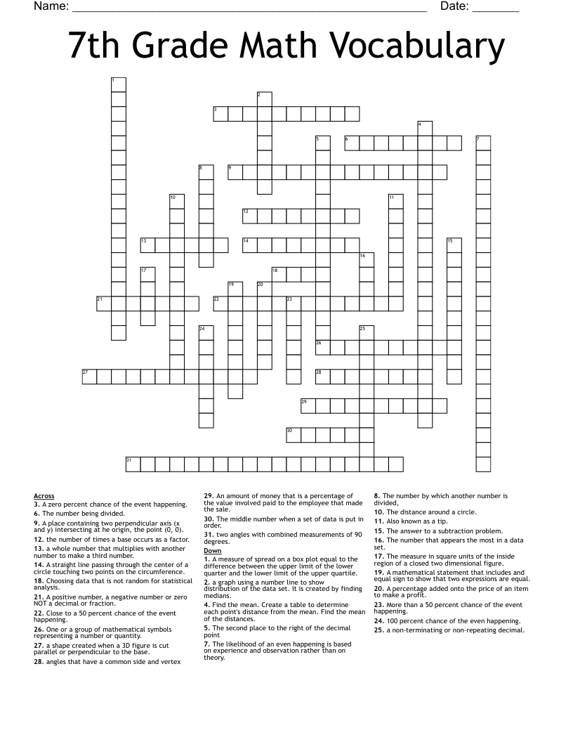 7th Grade Math Vocabulary Crossword