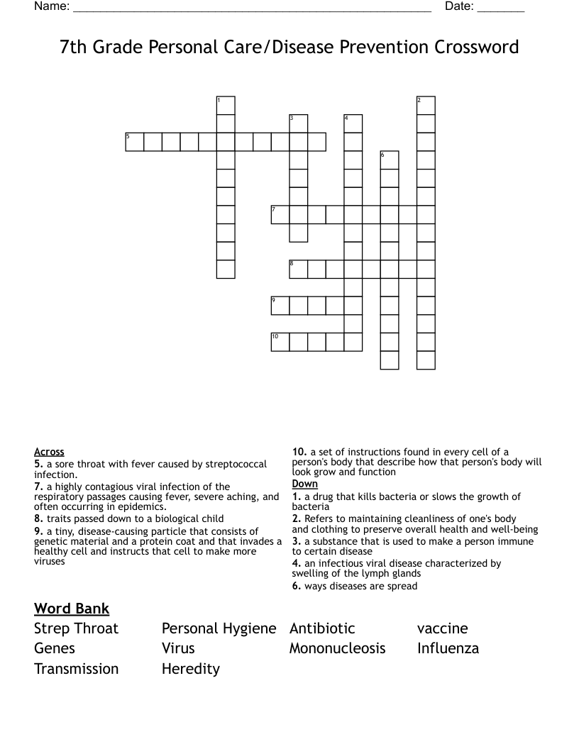 7th Grade Personal Care/Disease Prevention Crossword