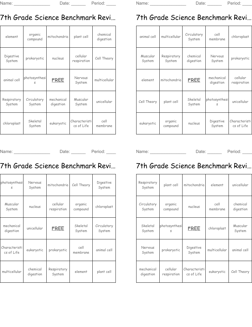 7th Grade Science Benchmark Review 2017 Bingo Cards