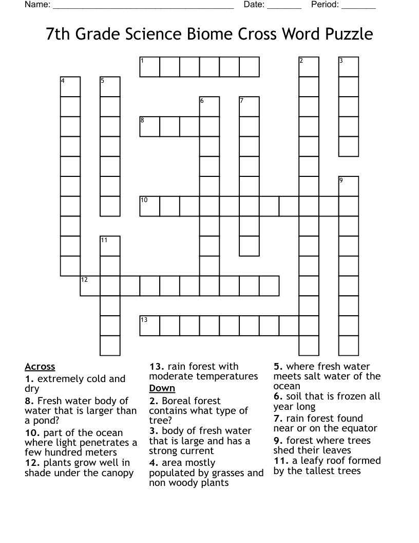 7th Grade Science Biome Cross Word Puzzle 