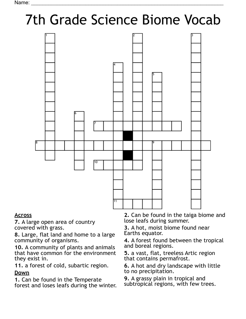 7th Grade Science Biome Vocab Crossword