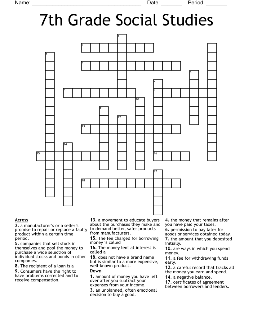 7th Grade Social Studies Crossword