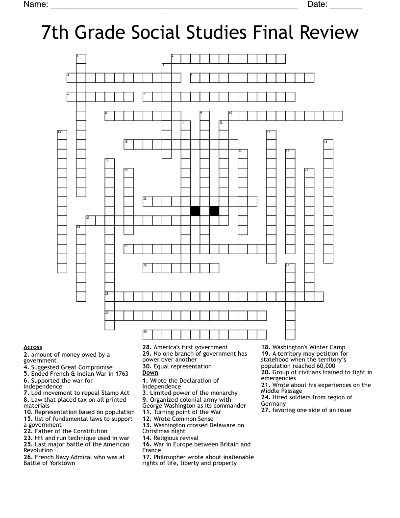 7th Grade Social Studies Final Review Crossword