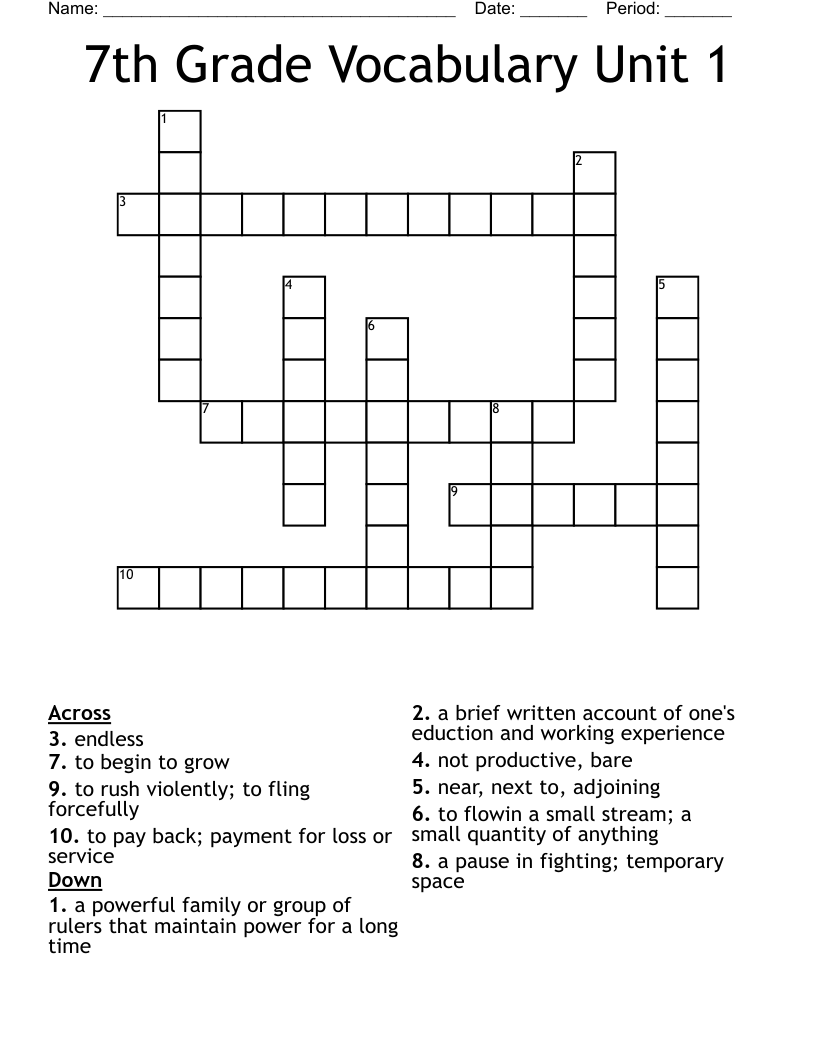 7th Grade Vocabulary Unit 1 Crossword