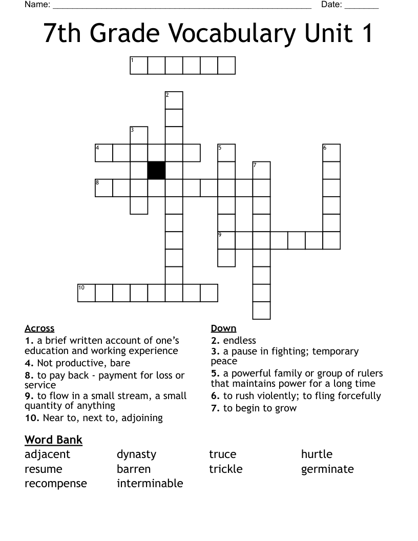 7th Grade Vocabulary Unit 1 Crossword