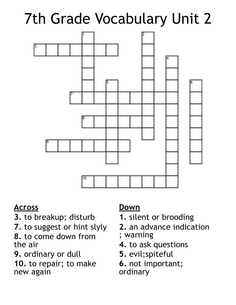 7th Grade Vocabulary Unit 2 Crossword