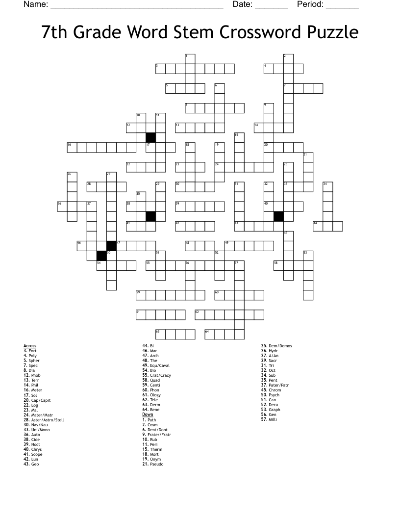 7th Grade Word Stem Crossword Puzzle
