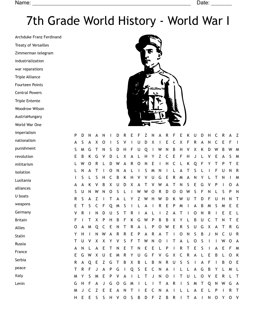 7th Grade World History - World War I Word Search