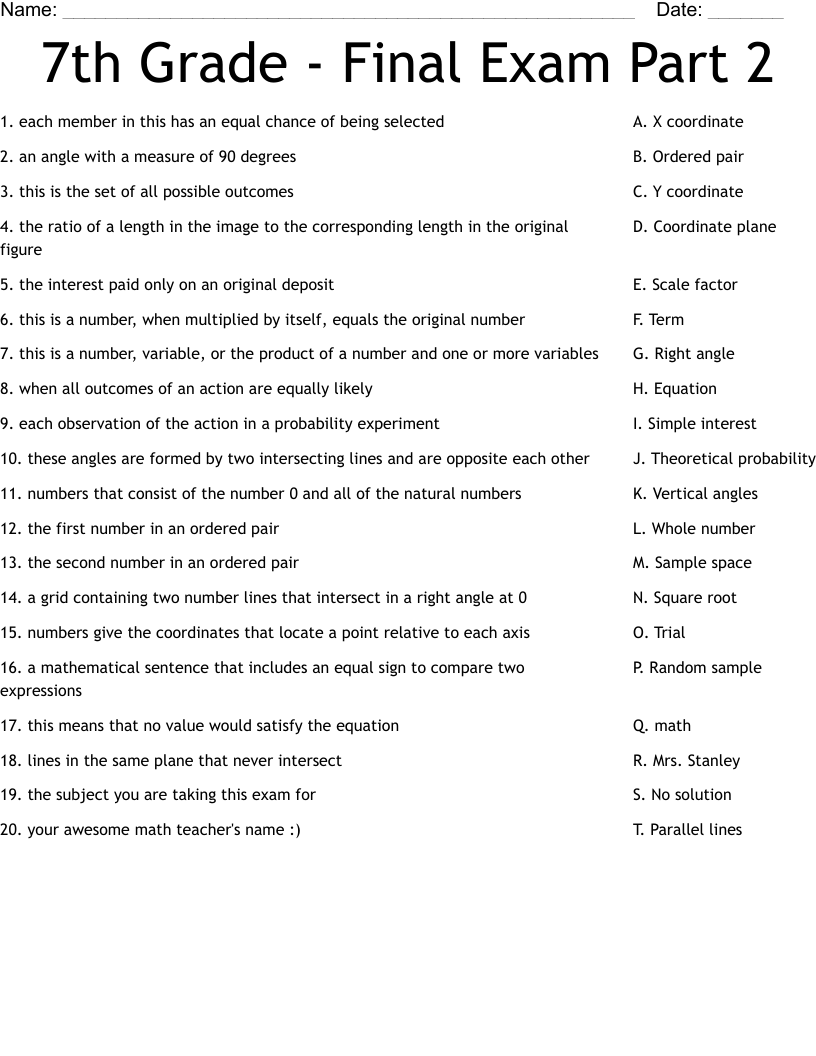 7th Grade - Final Exam Part 2 Worksheet