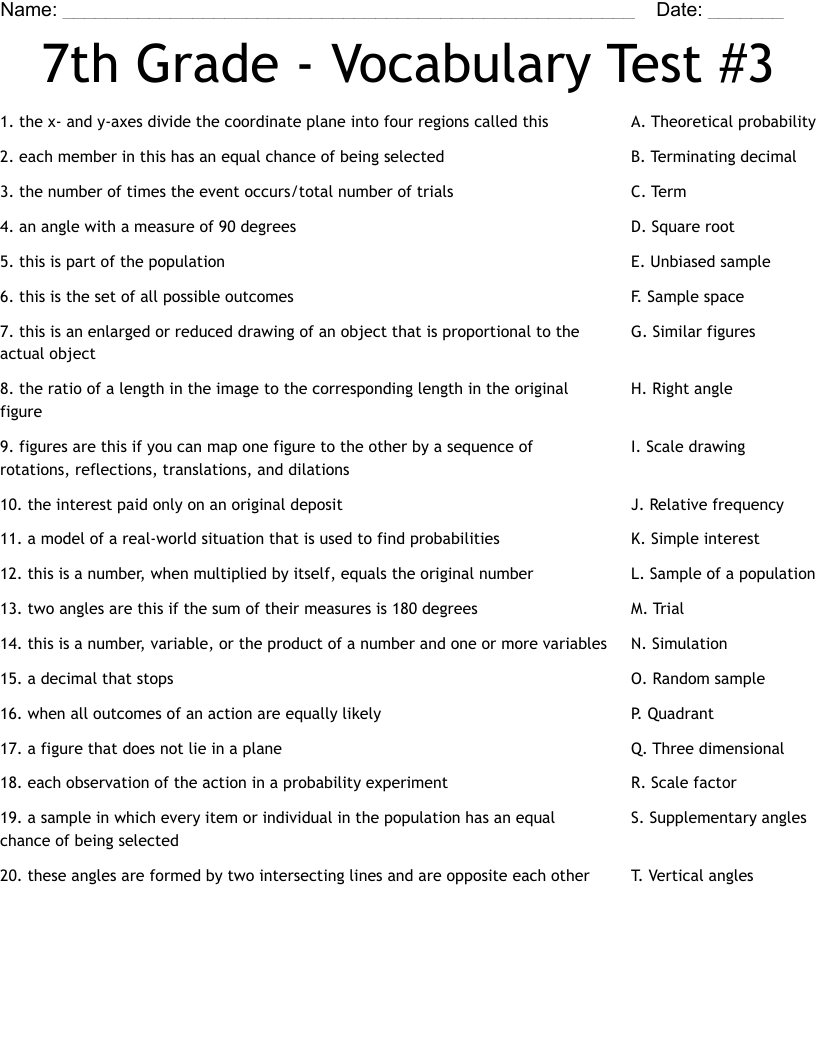 7th Grade - Vocabulary Test #3 Worksheet