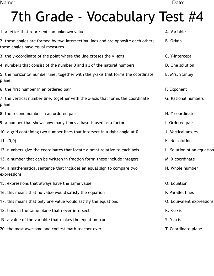 7th Grade - Vocabulary Test #4 Worksheet