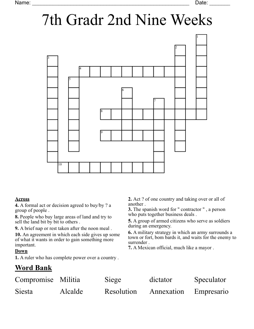 7th Gradr 2nd Nine Weeks Crossword
