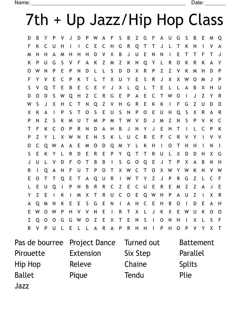 7th + Up Jazz/Hip Hop Class Word Search
