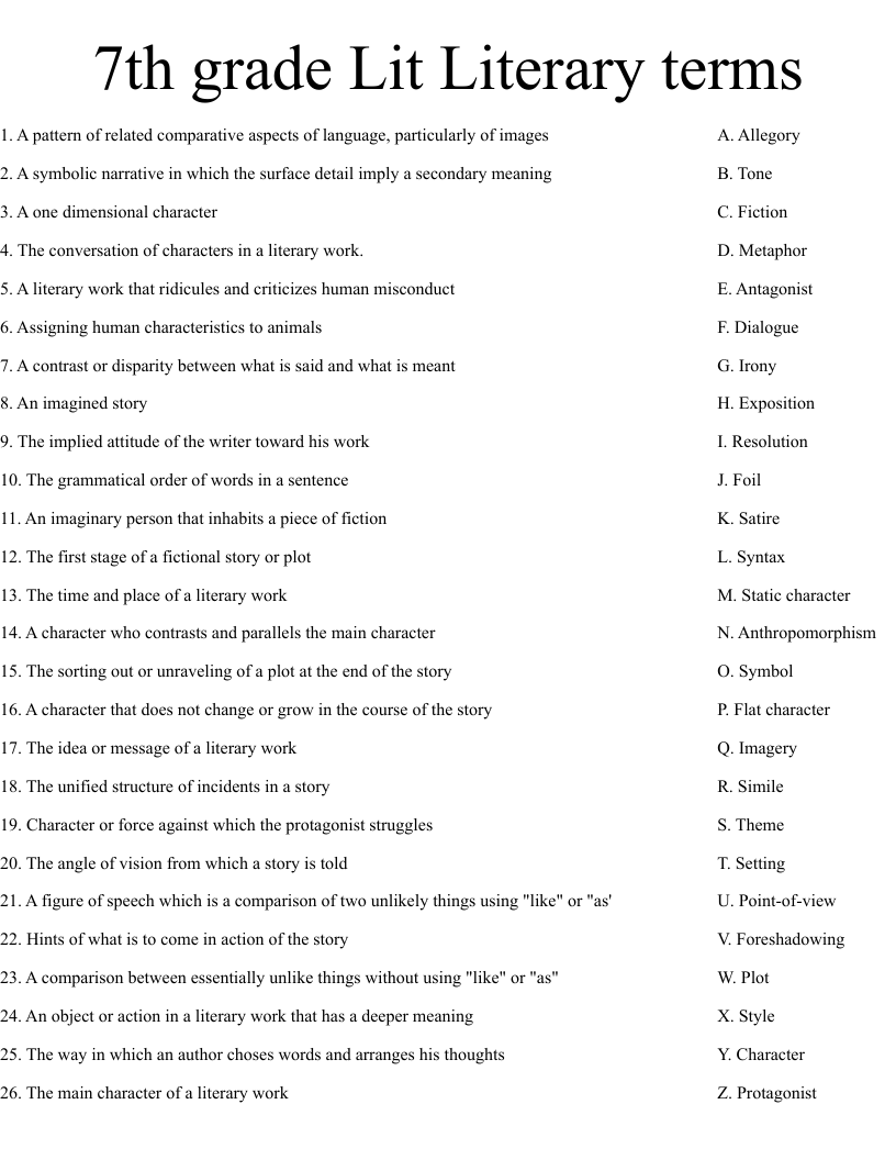 7th grade Lit Literary terms Worksheet