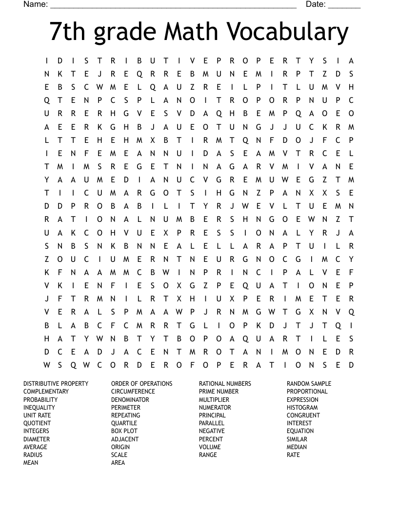 7th grade Math Vocabulary Word Search