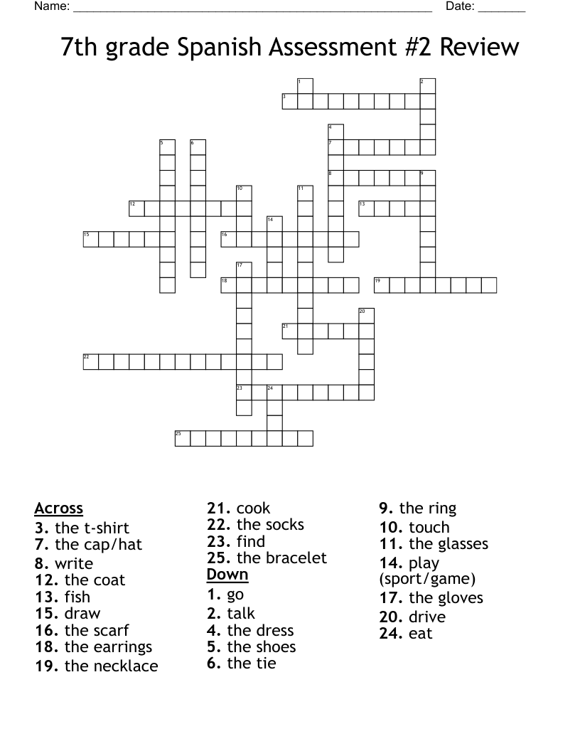 7th grade Spanish Assessment #2 Review Crossword