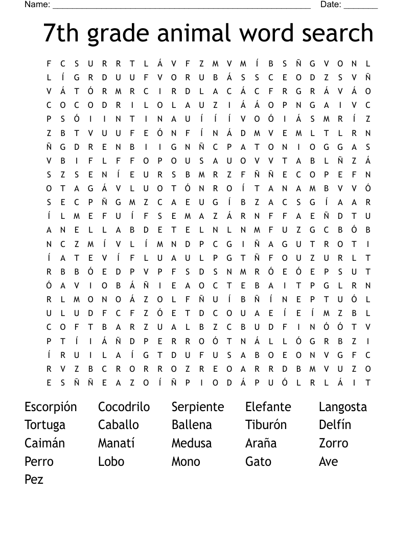 7th grade animal word search