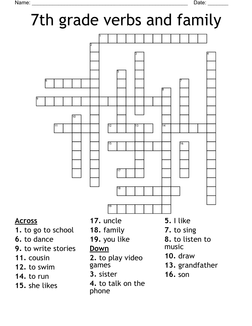 7th grade verbs and family Crossword