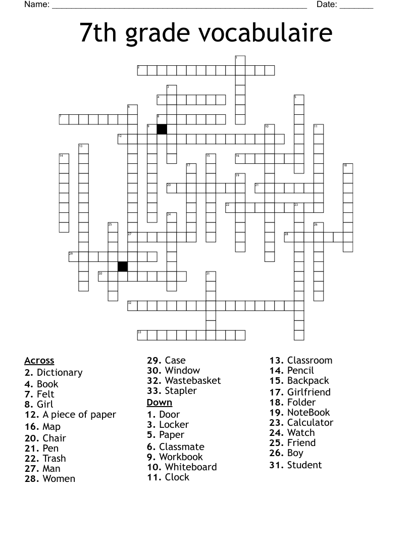 7th grade vocabulaire  Crossword