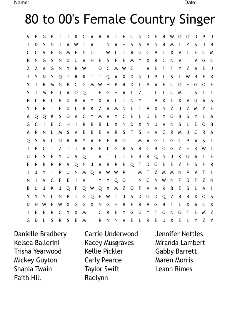 80 to 00's Female Country Singer Word Search