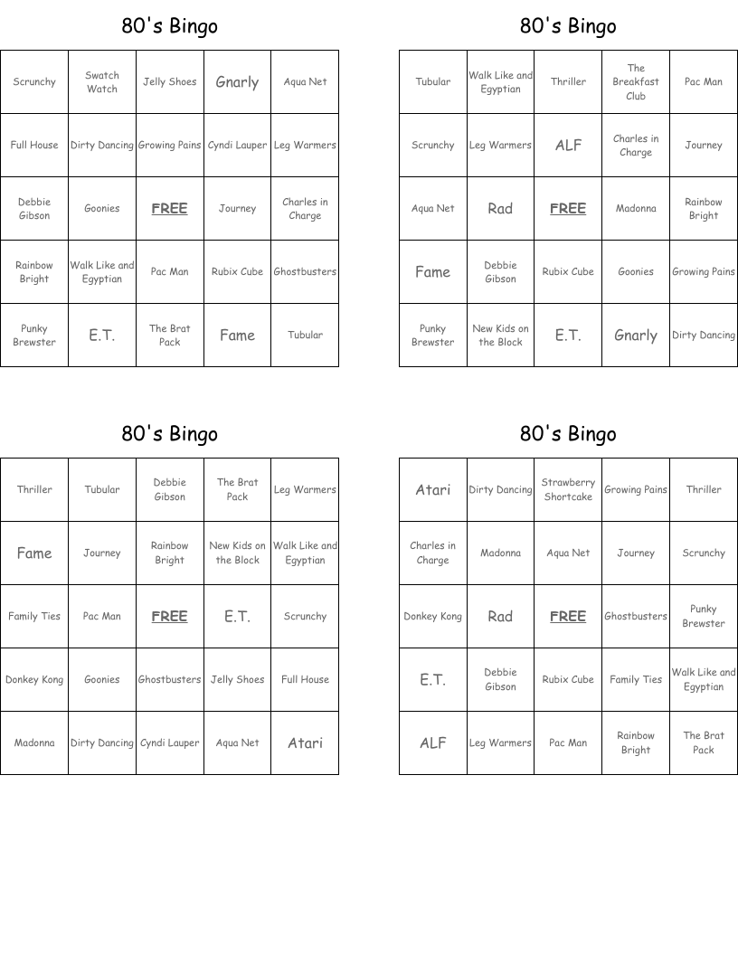 80's Bingo