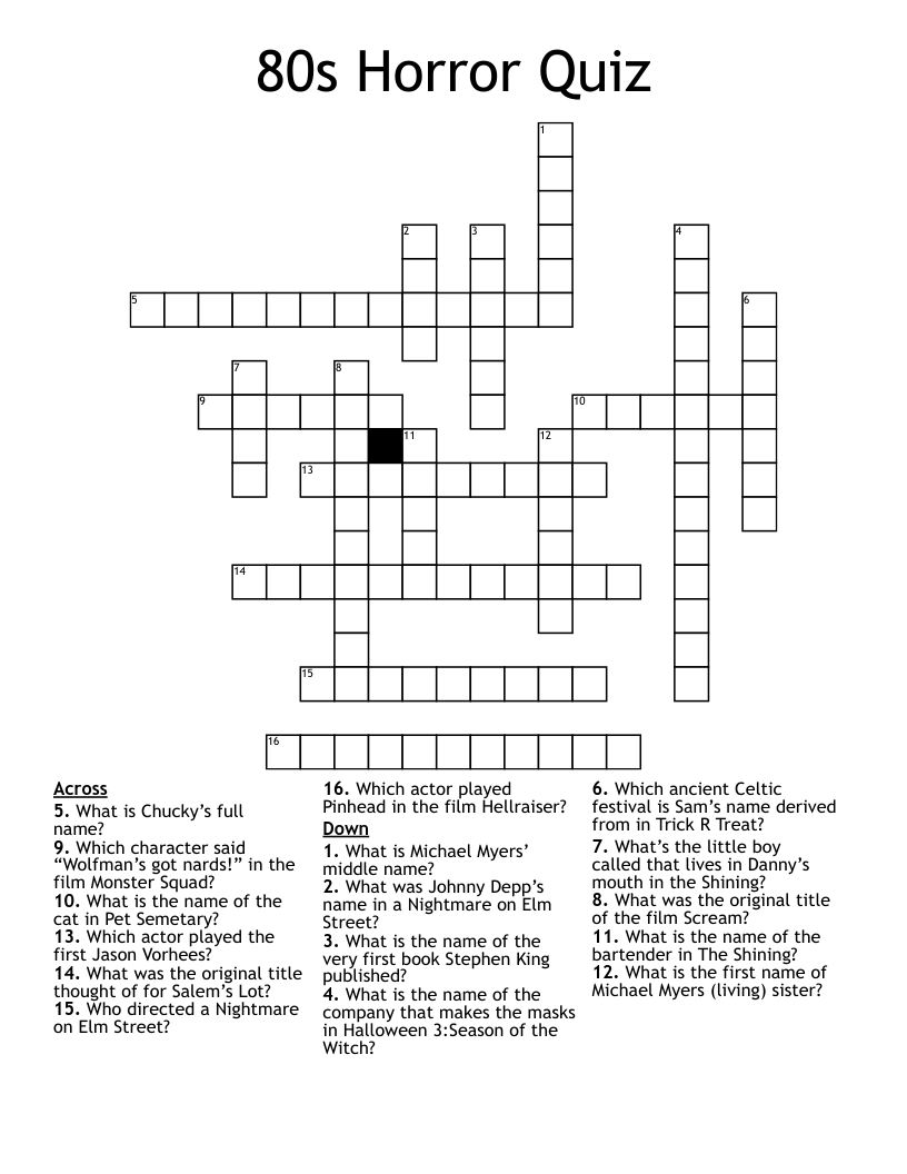 80s Horror Quiz Crossword