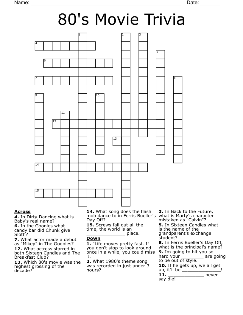 80's Movie Trivia Crossword