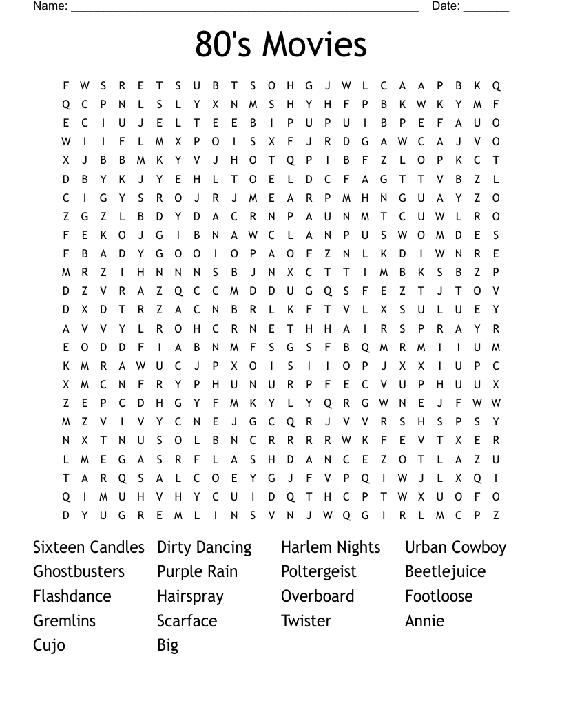 80's Movies Word Search