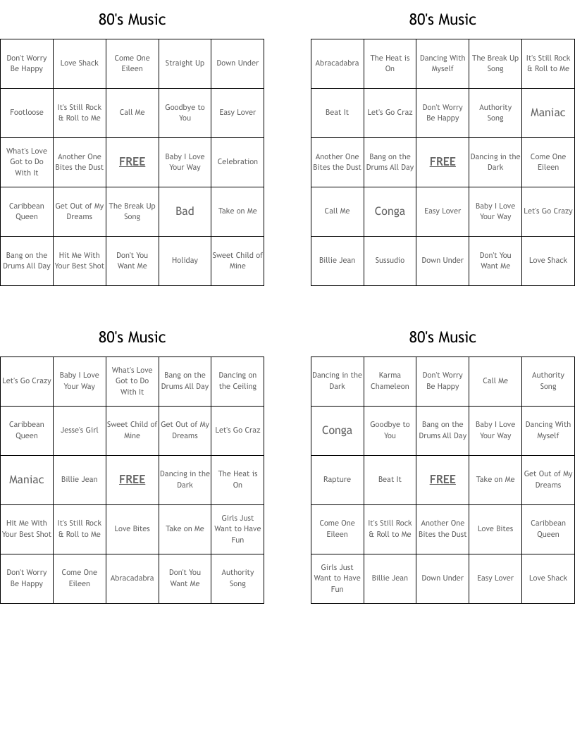 80's Music Bingo Cards