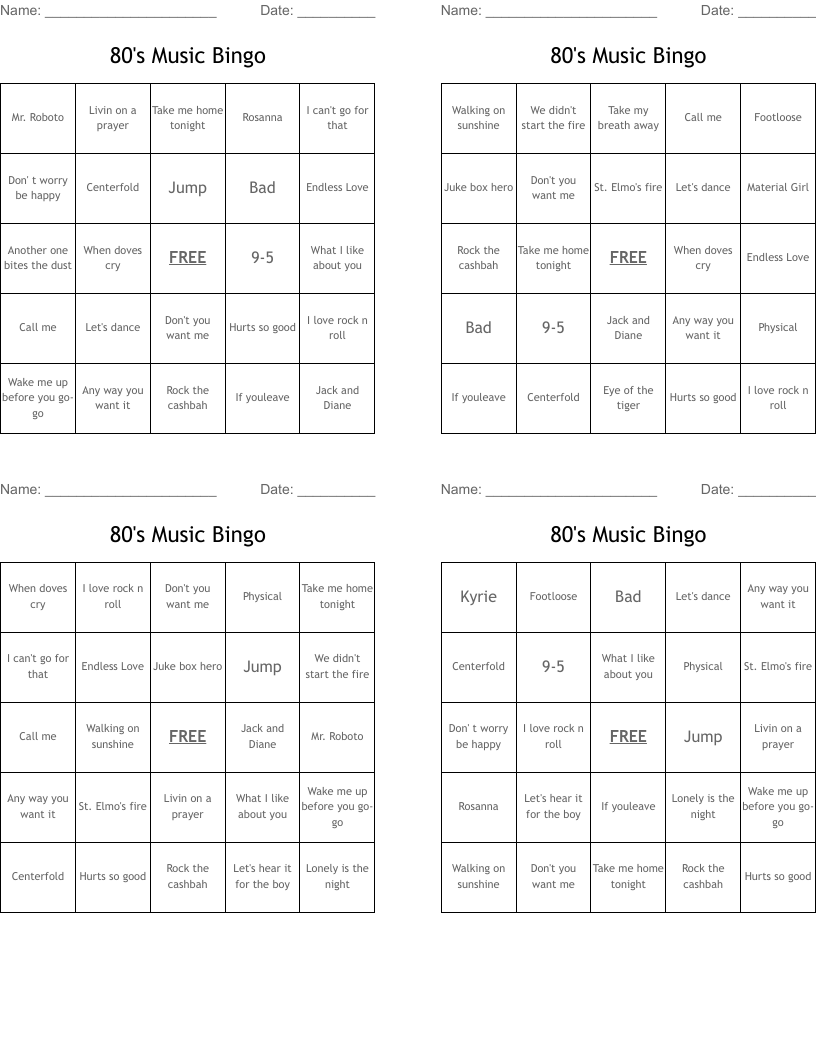 80's Music Bingo