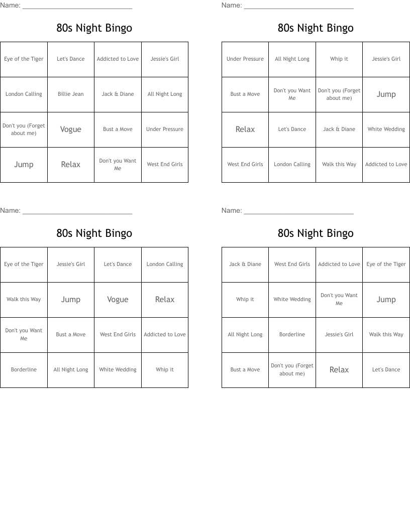 80s Night Bingo