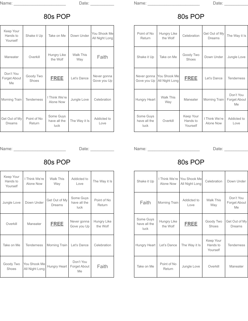 80s POP  Bingo Cards