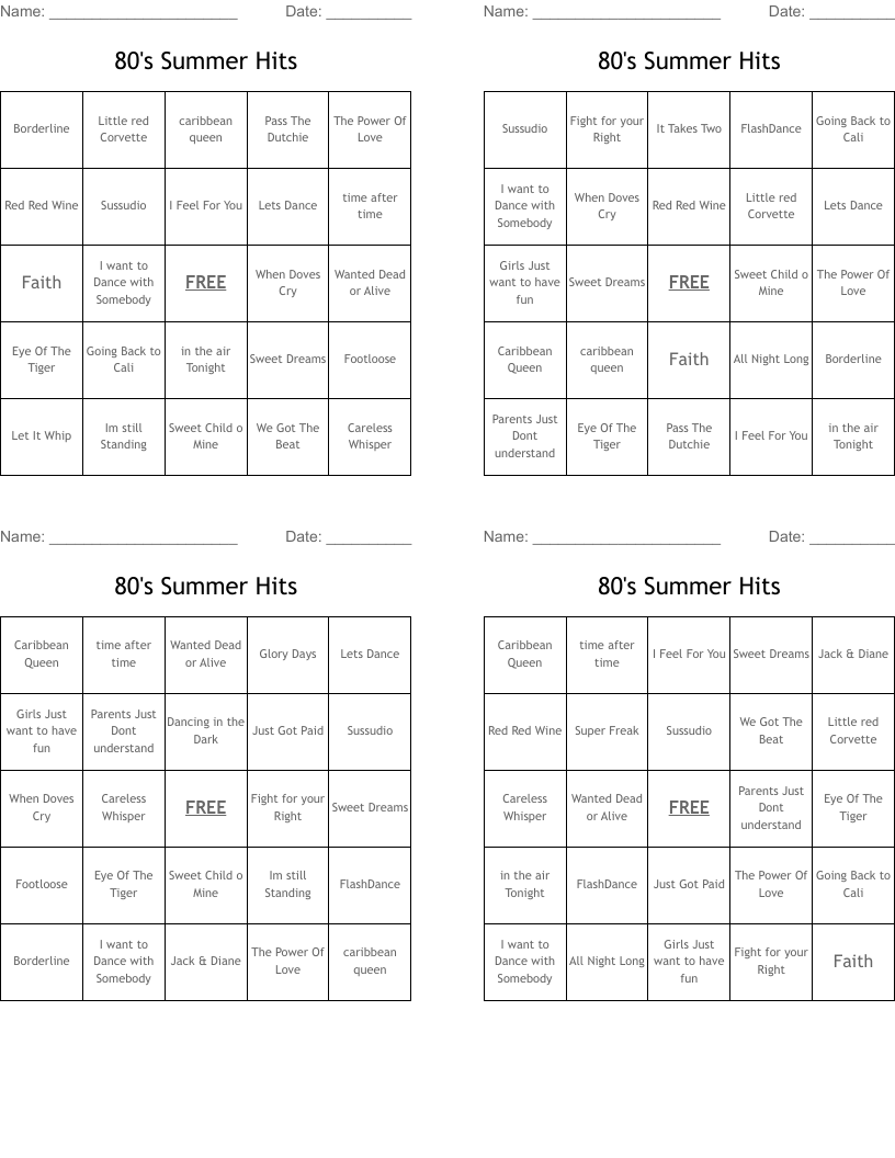 80's Summer Hits Bingo Cards