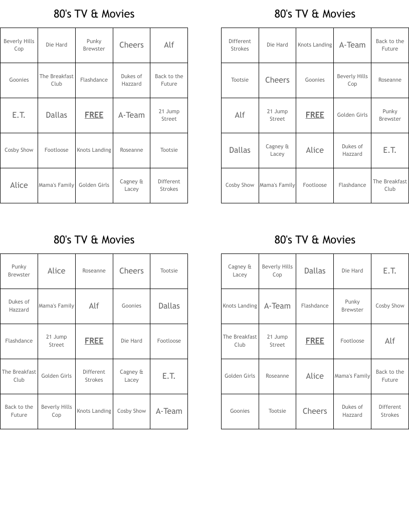 80's TV & Movies Bingo Cards