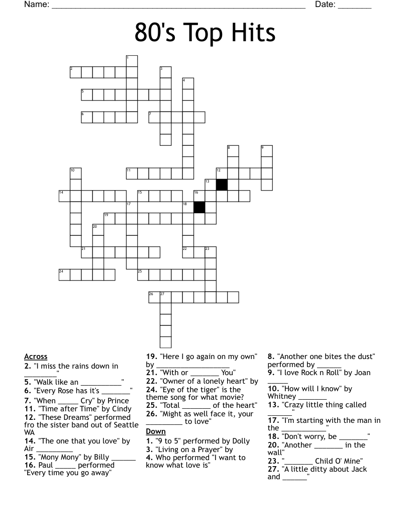 80's Top Hits Crossword